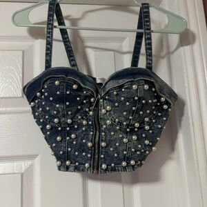 Guess Pearl Denim Bustier Top S